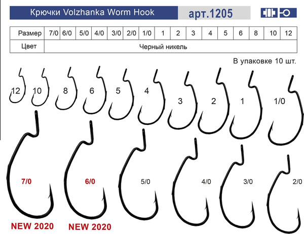 Изображение товара Набор крючков рыболовных Волжанка Worm Hook 7/0 / 1205-7/0 (10шт)