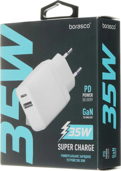 Изображение товара Адаптер питания сетевой BoraSCO 35W Type C/Type A / 52388 (белый)