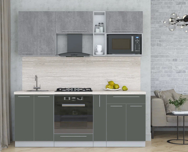 Изображение товара Кухонный гарнитур Интерлиния Мила Пластик 2.0 (оксид темный/шторм/травертин серый)