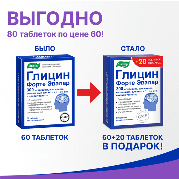 Изображение товара Глицин Эвалар Глицин Форте (80 таблеток)