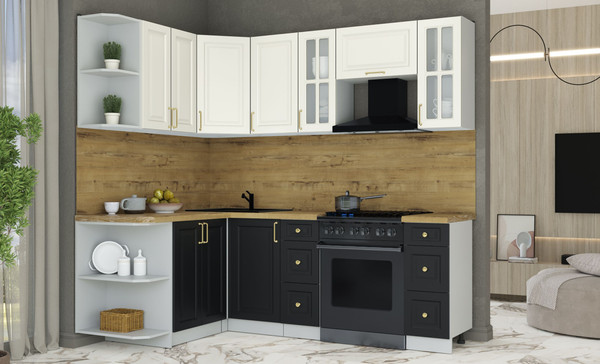 Изображение товара Кухонный гарнитур Интерлиния Мила Шато 1.5x2.2 LV (белый/черный/дуб бунратти)