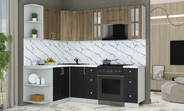 Изображение товара Кухонный гарнитур Интерлиния Мила Шато 1.5x2.2 LV (дуб вотан/черный/белый гранит)