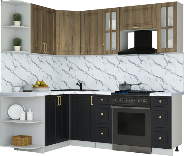 Изображение товара Кухонный гарнитур Интерлиния Мила Шато 1.5x2.2 LV (дуб вотан/черный/белый гранит)