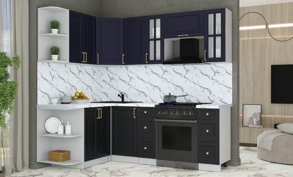 Изображение товара Кухонный гарнитур Интерлиния Мила Шато 1.5x2.2 LV (индиго/черный/белый гранит)