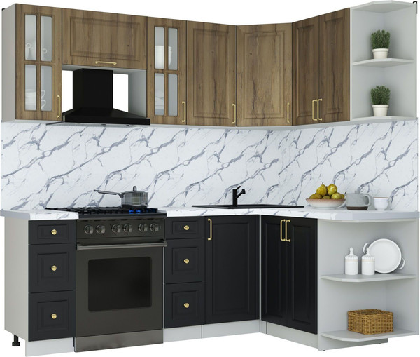 Изображение товара Кухонный гарнитур Интерлиния Мила Шато 1.5x2.2 PR (дуб вотан/черный/белый гранит)