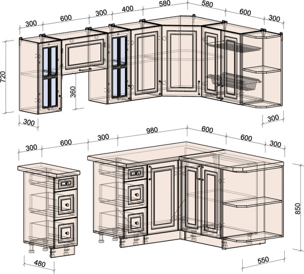 Изображение товара Кухонный гарнитур Интерлиния Мила Шато 1.5x2.2 PR (индиго/черный/белый гранит)