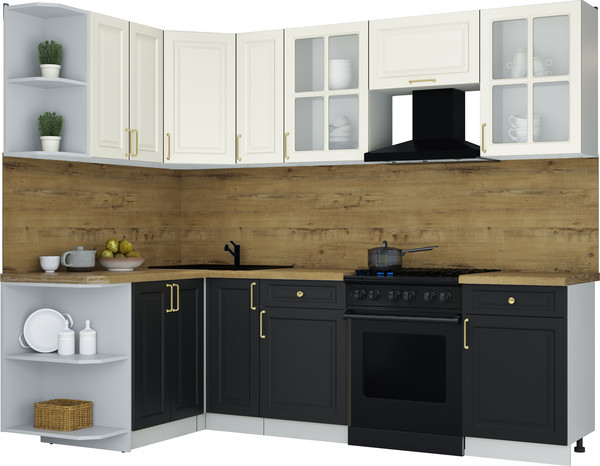 Изображение товара Кухонный гарнитур Интерлиния Мила Шато 1.5x2.5 LV (белый/черный/дуб бунратти)