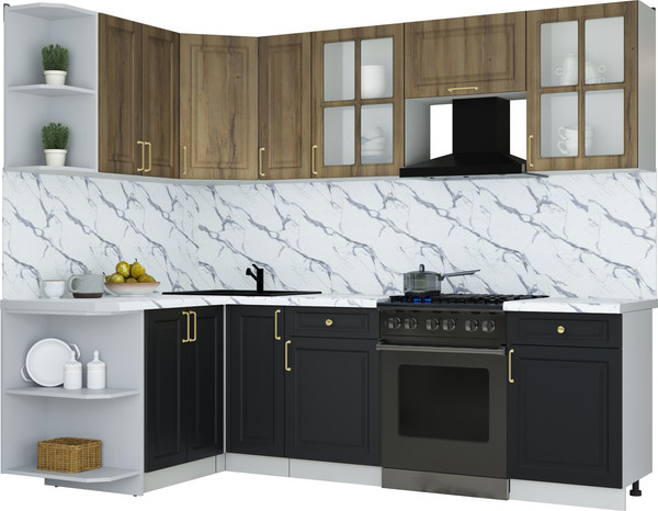 Изображение товара Кухонный гарнитур Интерлиния Мила Шато 1.5x2.5 LV (дуб вотан/черный/белый гранит)
