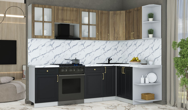 Изображение товара Кухонный гарнитур Интерлиния Мила Шато 1.5x2.5 PR (дуб вотан/черный/белый гранит)