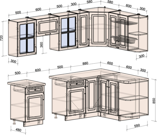 Изображение товара Кухонный гарнитур Интерлиния Мила Шато 1.5x2.5 PR (дуб вотан/черный/белый гранит)