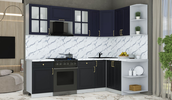 Изображение товара Кухонный гарнитур Интерлиния Мила Шато 1.5x2.5 PR (индиго/черный/белый гранит)