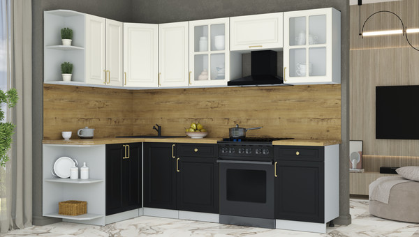 Изображение товара Кухонный гарнитур Интерлиния Мила Шато 1.5x2.6 LV (белый/черный/дуб бунратти)