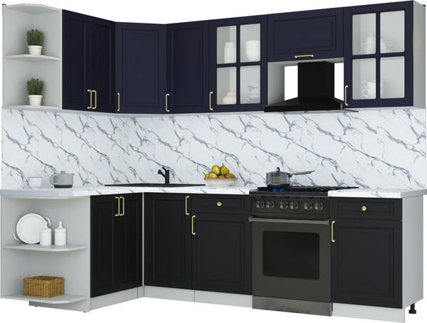 Изображение товара Кухонный гарнитур Интерлиния Мила Шато 1.5x2.6 LV (индиго/черный/белый гранит)
