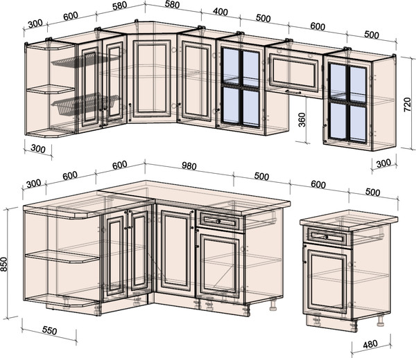 Изображение товара Кухонный гарнитур Интерлиния Мила Шато 1.5x2.6 LV (керамика/керамика/опал светлый)