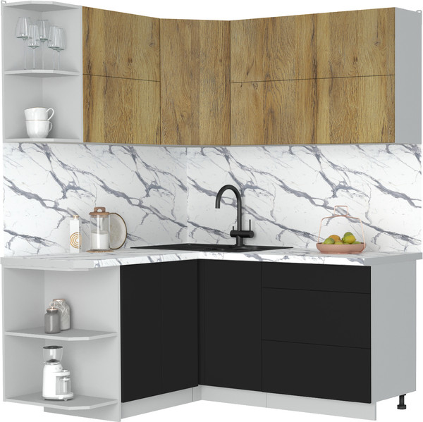 Изображение товара Кухонный гарнитур Интерлиния Мила Матте 1.5x1.7 А (дуб вотан/черный/белый гранит)