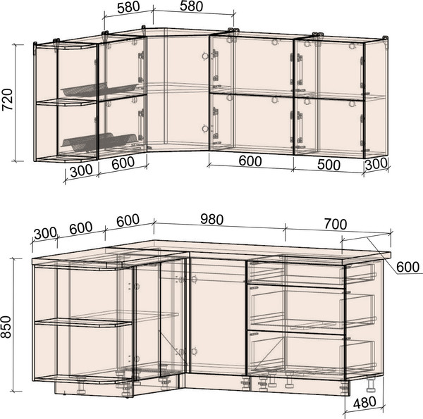 Изображение товара Кухонный гарнитур Интерлиния Мила Матте 1.5x1.7 А (мята/керамика/опал светлый)