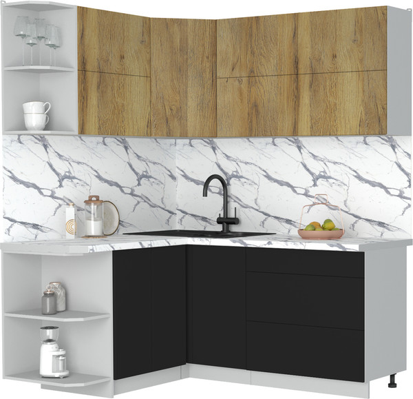 Изображение товара Кухонный гарнитур Интерлиния Мила Матте 1.5x1.8 А (дуб вотан/черный/белый гранит)