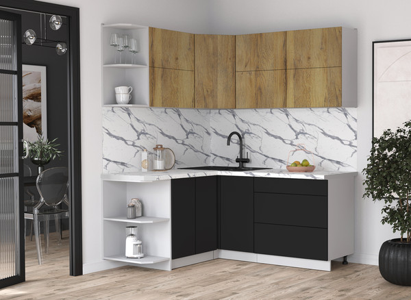 Изображение товара Кухонный гарнитур Интерлиния Мила Матте 1.5x1.8 А (дуб вотан/черный/белый гранит)