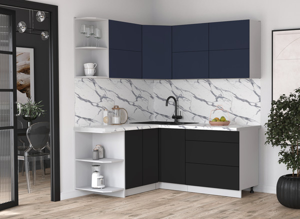 Изображение товара Кухонный гарнитур Интерлиния Мила Матте 1.5x1.8 А (индиго/черный/белый гранит)