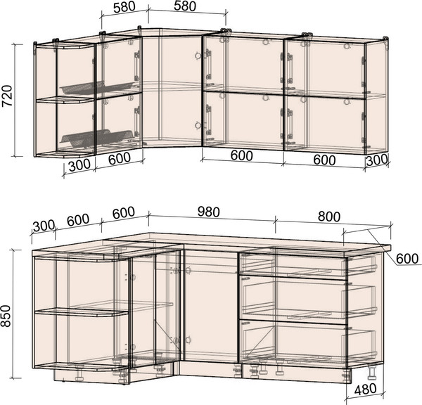 Изображение товара Кухонный гарнитур Интерлиния Мила Матте 1.5x1.8 А (океан/керамика/опал светлый)