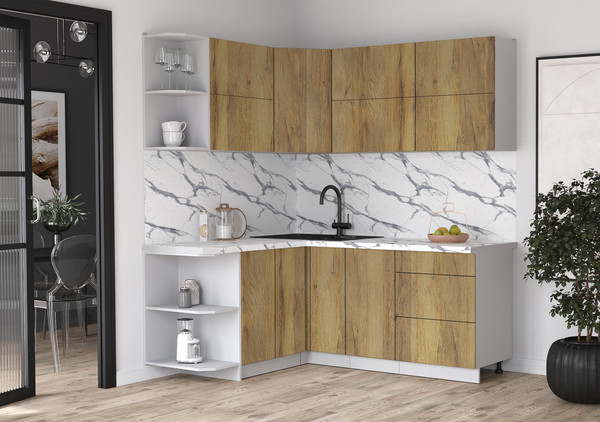 Изображение товара Кухонный гарнитур Интерлиния Мила Матте 1.5x1.9 А (дуб вотан/дуб вотан/белый гранит)