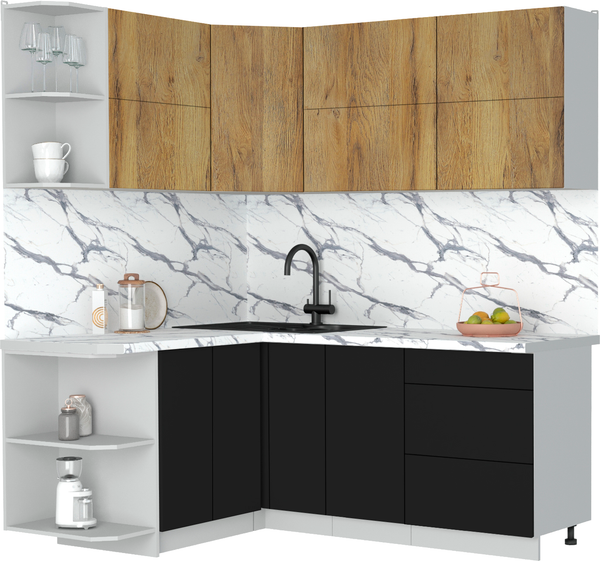 Изображение товара Кухонный гарнитур Интерлиния Мила Матте 1.5x1.9 А (дуб вотан/черный/белый гранит)