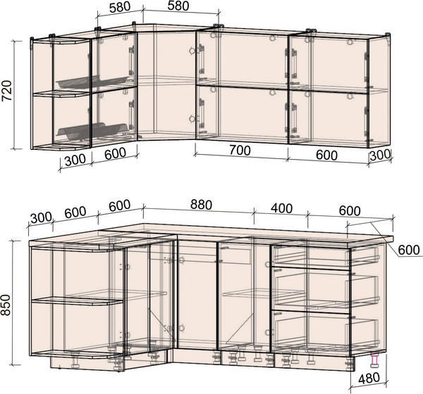 Изображение товара Кухонный гарнитур Интерлиния Мила Матте 1.5x1.9 А (мята/керамика/опал светлый)
