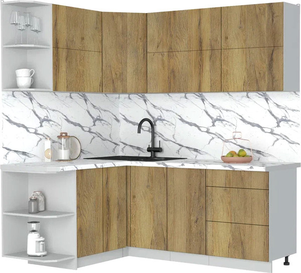 Изображение товара Кухонный гарнитур Интерлиния Мила Матте 1.5x2.0 А (дуб вотан/дуб вотан/белый гранит)