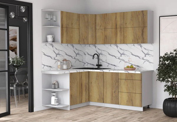 Изображение товара Кухонный гарнитур Интерлиния Мила Матте 1.5x2.0 А (дуб вотан/дуб вотан/белый гранит)