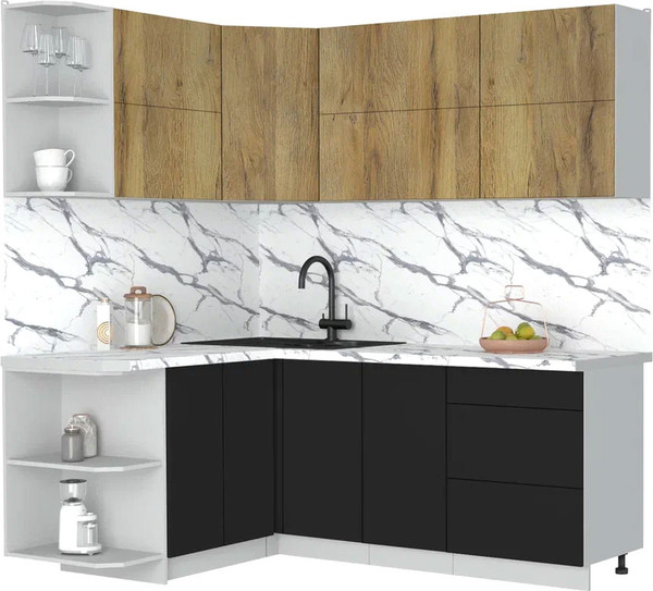 Изображение товара Кухонный гарнитур Интерлиния Мила Матте 1.5x2.0 А (дуб вотан/черный/белый гранит)
