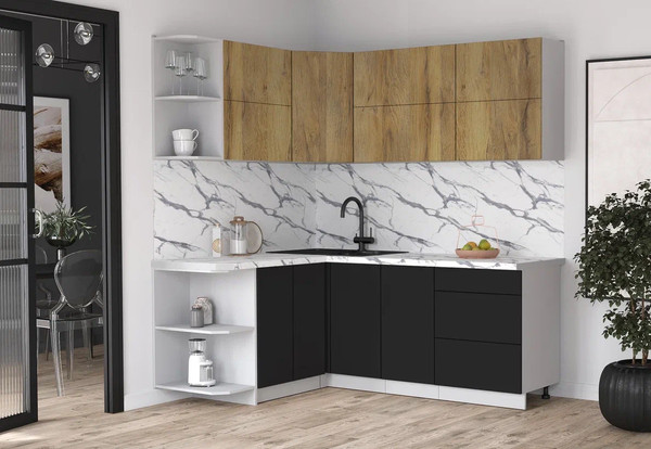 Изображение товара Кухонный гарнитур Интерлиния Мила Матте 1.5x2.0 А (дуб вотан/черный/белый гранит)