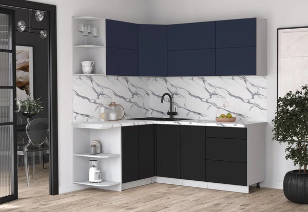 Изображение товара Кухонный гарнитур Интерлиния Мила Матте 1.5x2.0 А (индиго/черный/белый гранит)