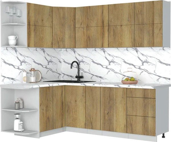 Изображение товара Кухонный гарнитур Интерлиния Мила Матте 1.5x2.3 А (дуб вотан/дуб вотан/белый гранит)