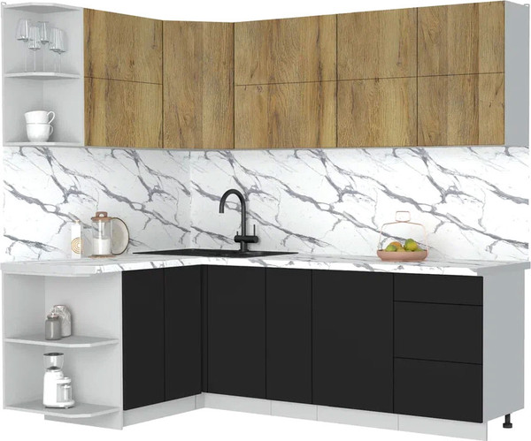 Изображение товара Кухонный гарнитур Интерлиния Мила Матте 1.5x2.3 А (дуб вотан/черный/белый гранит)