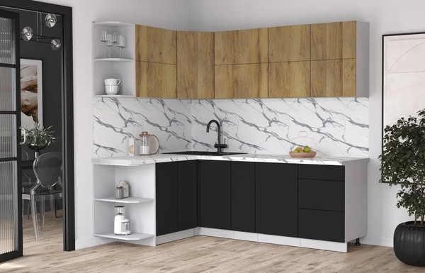 Изображение товара Кухонный гарнитур Интерлиния Мила Матте 1.5x2.3 А (дуб вотан/черный/белый гранит)