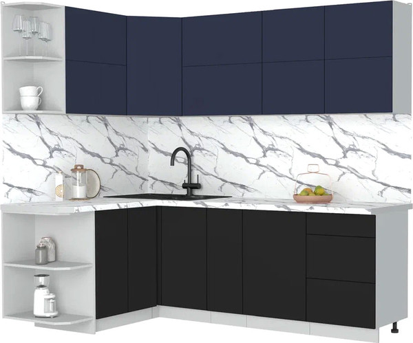 Изображение товара Кухонный гарнитур Интерлиния Мила Матте 1.5x2.3 А (индиго/черный/белый гранит)