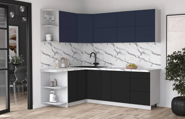 Изображение товара Кухонный гарнитур Интерлиния Мила Матте 1.5x2.3 А (индиго/черный/белый гранит)