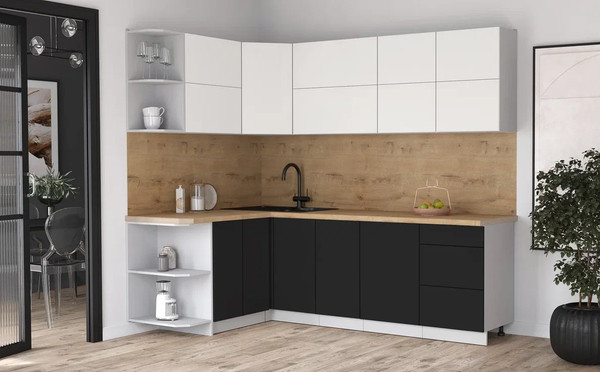 Изображение товара Кухонный гарнитур Интерлиния Мила Матте 1.5x2.4 А (белый/черный/дуб бунратти)