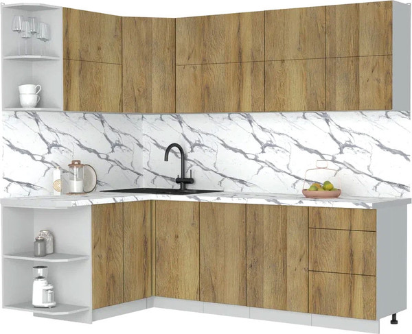 Изображение товара Кухонный гарнитур Интерлиния Мила Матте 1.5x2.4 А (дуб вотан/дуб вотан/белый гранит)