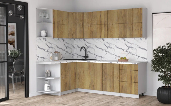 Изображение товара Кухонный гарнитур Интерлиния Мила Матте 1.5x2.4 А (дуб вотан/дуб вотан/белый гранит)