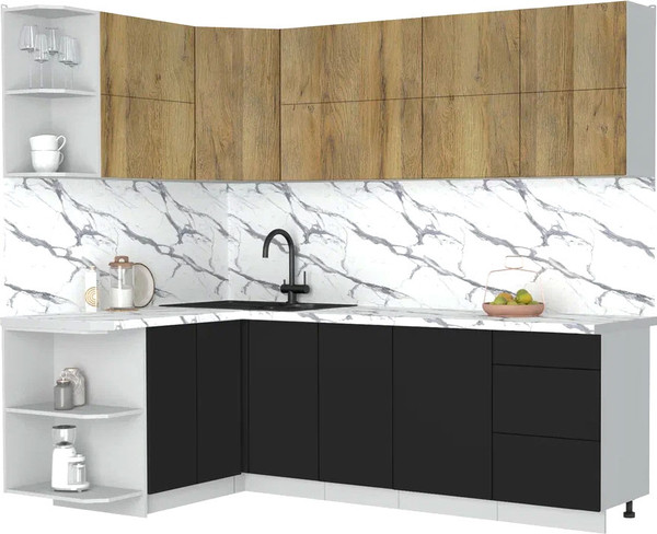 Изображение товара Кухонный гарнитур Интерлиния Мила Матте 1.5x2.4 А (дуб вотан/черный/белый гранит)