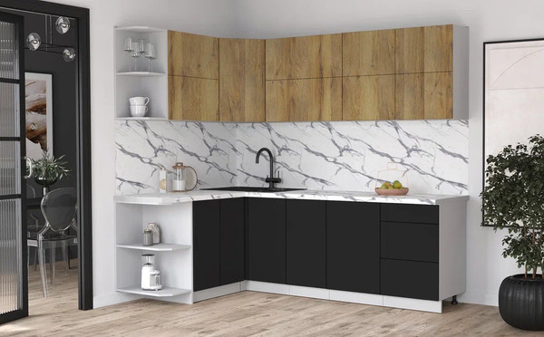 Изображение товара Кухонный гарнитур Интерлиния Мила Матте 1.5x2.4 А (дуб вотан/черный/белый гранит)