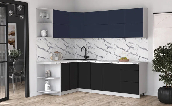Изображение товара Кухонный гарнитур Интерлиния Мила Матте 1.5x2.4 А (индиго/черный/белый гранит)