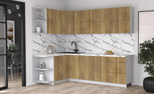 Изображение товара Кухонный гарнитур Интерлиния Мила Матте 1.5x2.5 А (дуб вотан/дуб вотан/белый гранит)