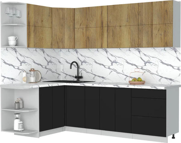 Изображение товара Кухонный гарнитур Интерлиния Мила Матте 1.5x2.5 А (дуб вотан/черный/белый гранит)