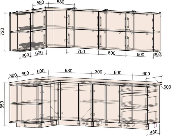 Изображение товара Кухонный гарнитур Интерлиния Мила Матте 1.5x2.5 А (керамика/керамика/опал светлый)
