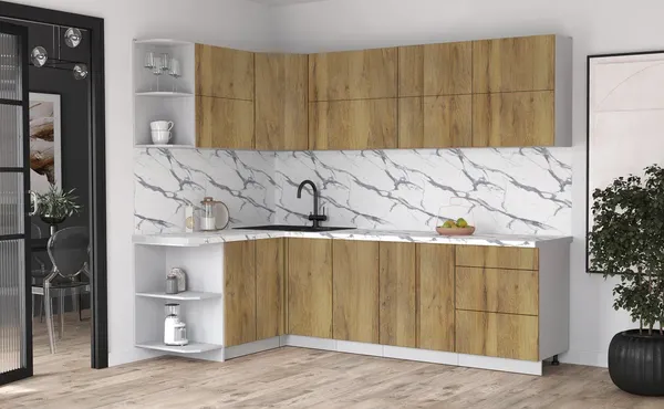 Изображение товара Кухонный гарнитур Интерлиния Мила Матте 1.5x2.6 А (дуб вотан/дуб вотан/белый гранит)