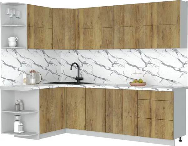 Изображение товара Кухонный гарнитур Интерлиния Мила Матте 1.5x2.6 А (дуб вотан/дуб вотан/белый гранит)