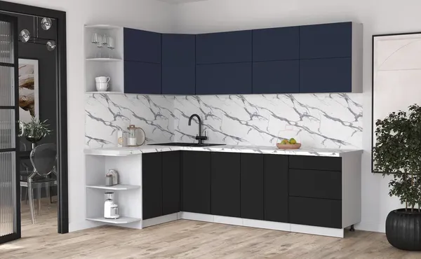 Изображение товара Кухонный гарнитур Интерлиния Мила Матте 1.5x2.6 А (индиго/черный/белый гранит)