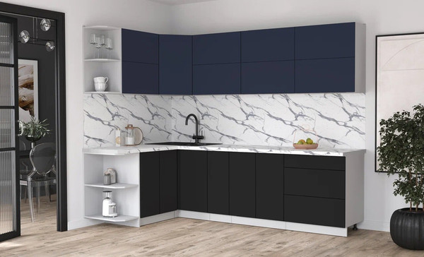 Изображение товара Кухонный гарнитур Интерлиния Мила Матте 1.5x2.7 А (индиго/черный/белый гранит)